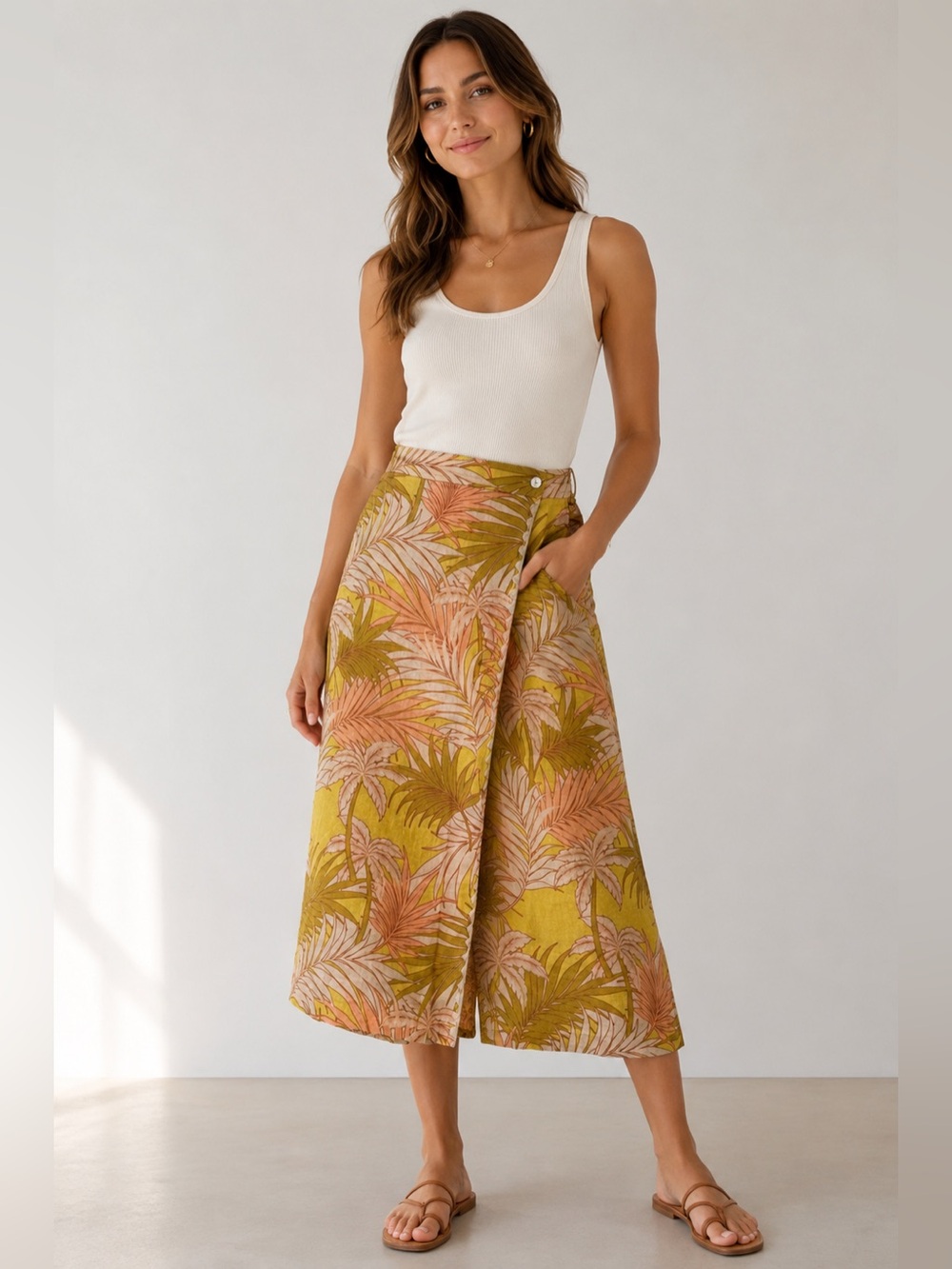 Tahari 100% Linen Tropical Palm Print Wrap Midi Skirt Yellow Pink Women’s Small
